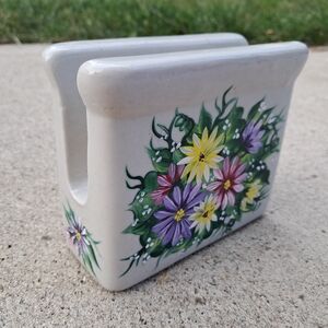 Vintage Hand Painted Ceramic Napkin Holder - Floral Wildflower - Signed Jill